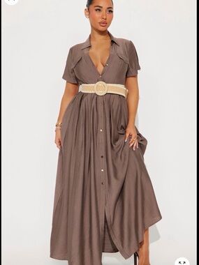 Women’s Taupe Button-Front Maxi Dress with Belt
